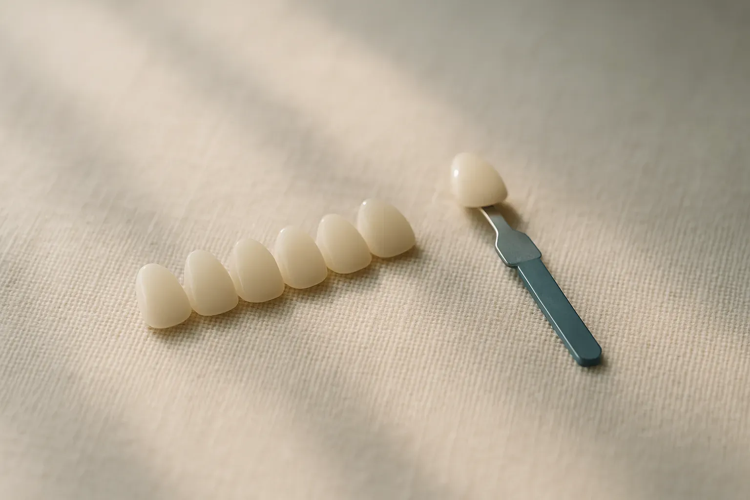 A row of porcelain veneers laid out on pale linen next to a dental shade-matching guide