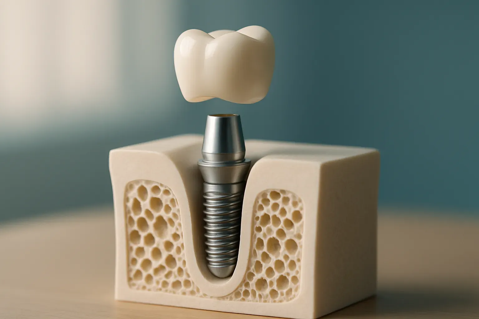 Educational 3D illustration of a titanium dental implant integrated into a jawbone cross-section with a porcelain crown above it